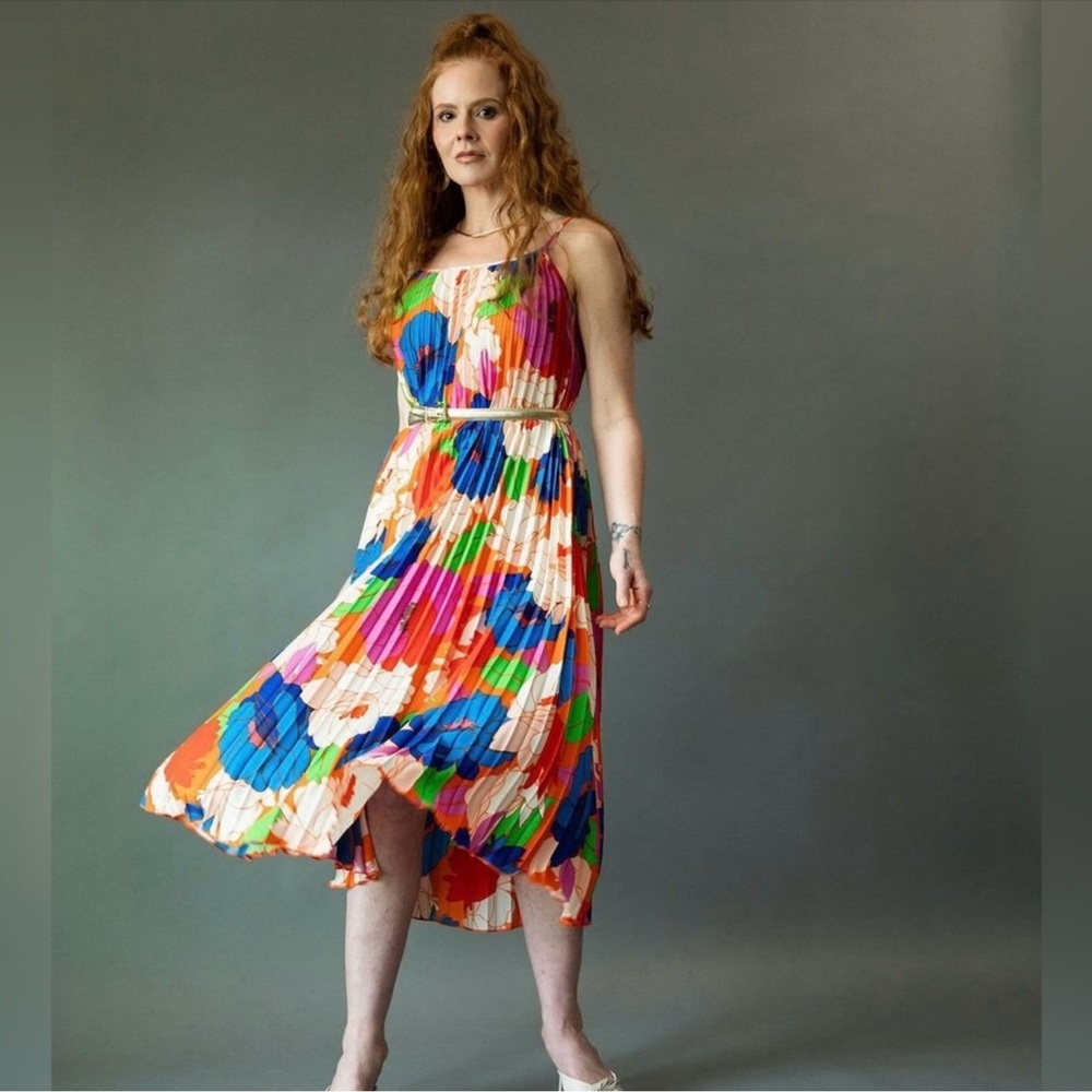 Sam Edelman Floral Plisse Pleated Midi Dress
